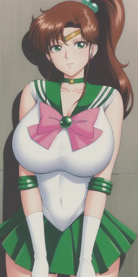 kino_makoto, huge_breasts, standing, solo, white_leotard_green_sailor_collar_green_miniskirt_white_gloves_green_choker_pink_bowt...