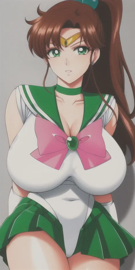 kino_makoto, huge_breasts, standing, solo, White_leotard_Green_sailor_collar_Green_miniskirt_White_gloves_Green_choker_Pink_bowtie_Pink_back_bow_Circlet_Green_brooch_Short_sleeves, masterpiece, best quality, detailed face, detailed eyes, highres,