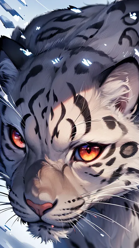 (best quality,16k,32k,highres,masterpiece:1.2),ultra-detailed,(realistic,photorealistic,photo-realistic:1.37),(The ultimate Orochi snow Leopard) glowing red eyes realistic fire background of totally destroyed Forest alone looking at the camera serious expr...