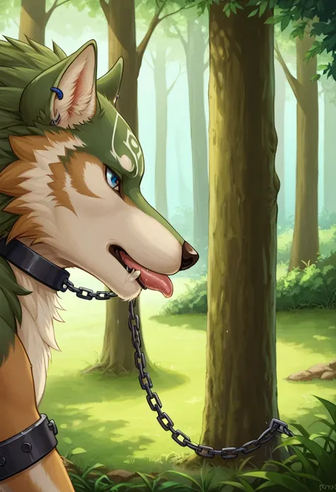 a young wolf giving a blowjob to a boy、rin々shii、looks disgusting、（quadrupedal）、beast、erection、in the forest、from the side of the...