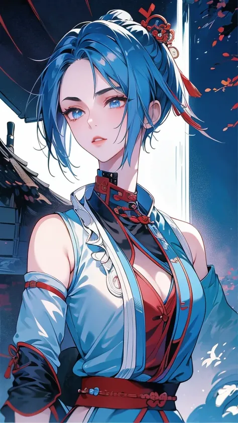 Masterpiece, Best quality, 1 Ji Ruxue, the expression is cold, strong, blue eyes, short hair, wolfcut hairstyle, smoky mix blue color hair, resolute eyes, red lips, simple Taoist Taoist uniform, Chinese mix morden, frontal photo, black or white background,...