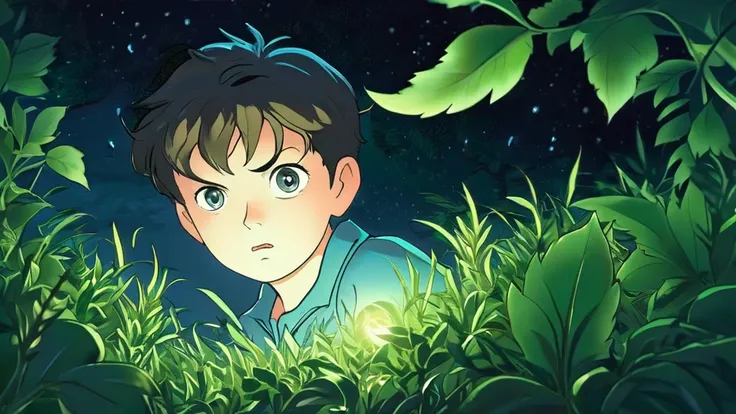 Create an image of a young boy emerging from the bushes, his face faintly visible in the moonlight. The boy looks tense and determined, with sharp eyes and a serious expression. Surrounding him are leaves and grass, with details of moonlight illuminating t...