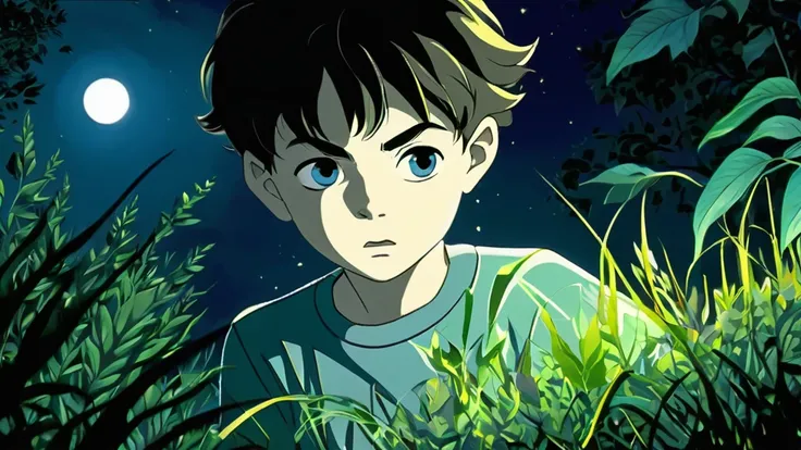 Create an image of a young boy emerging from the bushes, his face faintly visible in the moonlight. The boy looks tense and determined, with sharp eyes and a serious expression. Surrounding him are leaves and grass, with details of moonlight illuminating t...