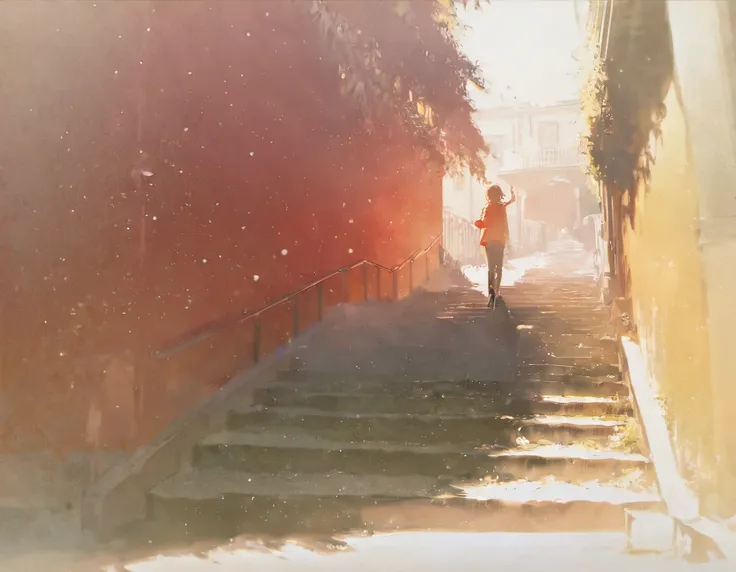 score_9, score_8_up, score_7_up, score_6_up, best aesthetic, by rella, a person walking down a stairway, long shot, concept art, great use of color theory, red and yellow colors, particles flying, sunny