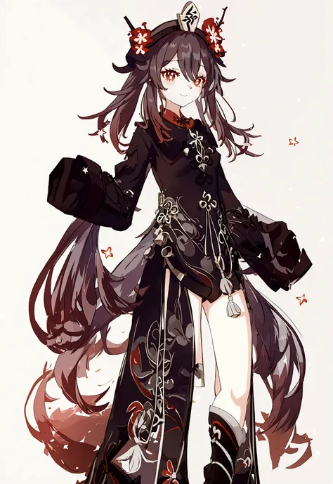 (by ikky:0.9), hutao (genshin impact), (cowboy shot), (anime style), (fantasy theme), (in a room, night), ((white background, all white background)), (looking at viewer, hand on hair, making a bun), (gentle smile, warm and inviting), (brown hair, small bre...