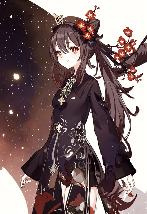 (by ikky:0.9), hutao (genshin impact), (cowboy shot), (anime style), (fantasy theme), (in a room, night), ((white background, all white background)), (looking at viewer, hand on hair, making a bun), (gentle smile, warm and inviting), (brown hair, small bre...