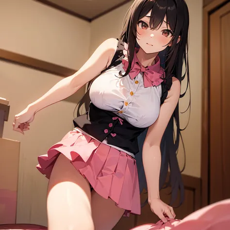 (masterpiece, best quality:1.2), 1girl, solo,standing_split, 
yuuki mikan, long hair，black sleeveless short vest，pink skirt, pussy, pussy reveal, in a bedroom fingering, on the bed