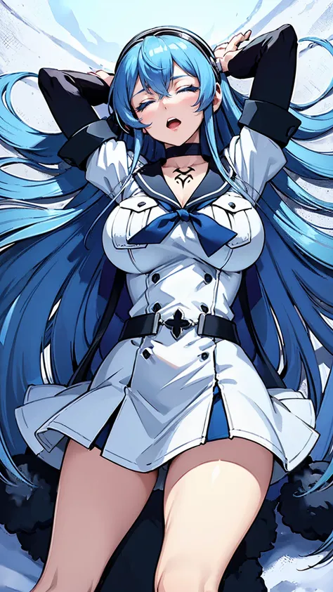 (artwork, best quality) a girl with long blue hair, closed eyes, blue eyelashes, white sailor suit, big breasts, perfect body, beautiful eyes, good waist, tattoo, screaming with joy, arms and legs open, listening to music with a headset, lying in the snow,...