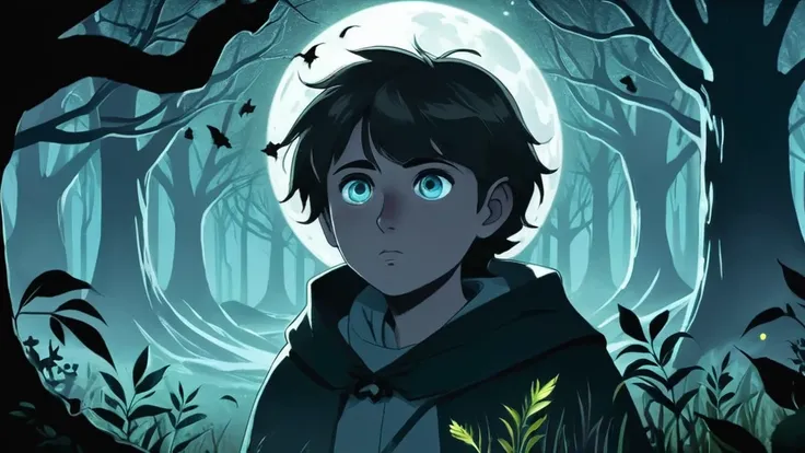 the eerie glow of the moonlight, a young boy emerges cautiously from the dense bushes. His face, partially obscured yet faintly visible, reflects a mixture of tension and determination. Sharp eyes scan the surroundings with a seriousness that belies his yo...