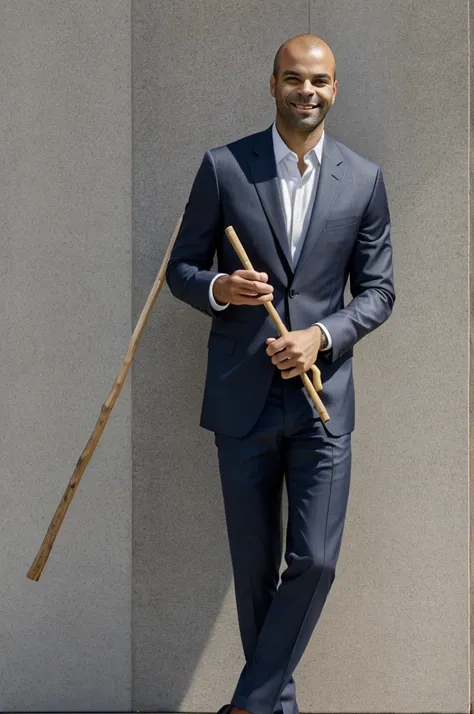 **front entire shot of Tony Parker dressed with a casual suit holding a stick in one hand, smiling --v 6.0** - Image #4 