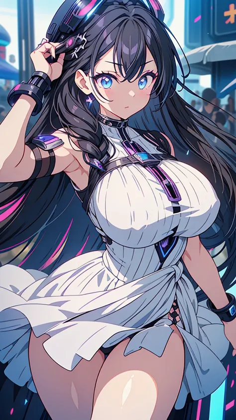 best quality, extremely detailed, anime style adult 1girl, long hair down to the waist, straight hair, ((dark black hair with bluish)),crown braid,beautiful detailed eyes, pinched eyes, dark blue eyes, huge breasts,curvy,(((white cyberpunk and magical dres...