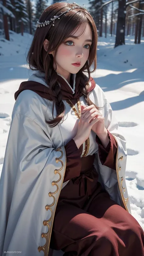 (8K)，Photorealistic, high resolution, 1 Woman, Solo, (Lolita costume)， Beautiful eyes, Brown hair, ringed eyes, (sitted，Cloak，Cover with snow)，snowfield，