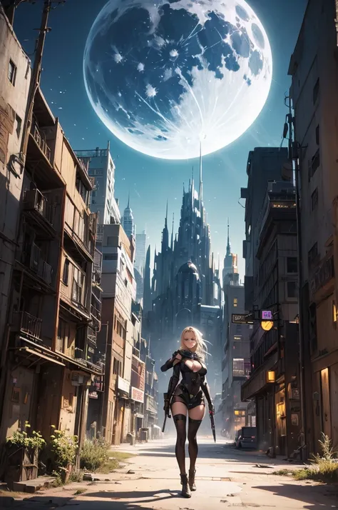 atmosfera the noite chuvoso sombria in anime 4D tinta óleo A post-apocalyptic Fallout-themed magazine cover illustration power fenix girl sexy full blonde Pamela Anderson + Elza frozen fire black power immersed in the resplendence of the setting moon in su...