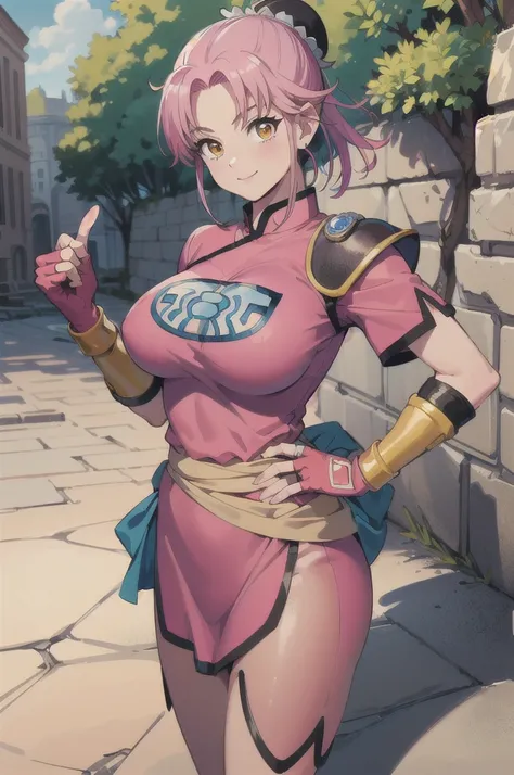 ((masterpiece, best quality:1.1), maam, dragon quest, 1girl,  solo, large breasts, fingerless gloves, pink gloves, fingerless gloves, pink gloves, chinese clothes, red dress, ribbon, pink hair, yellow eyes, Big Breasts:1.6, parted bang, bun cover, smile, h...