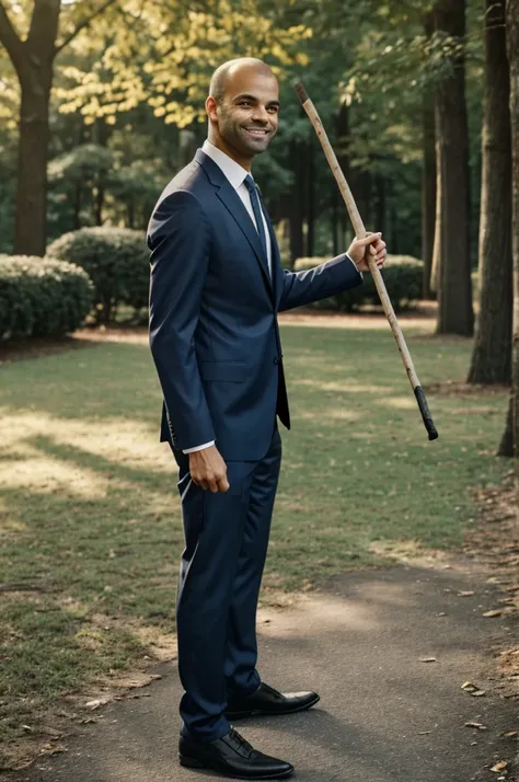 **front entire shot of Tony Parker dressed with a casual suit holding a stick in one hand, smiling --v 6.0** - Upscaled (Subtle) by (fast)