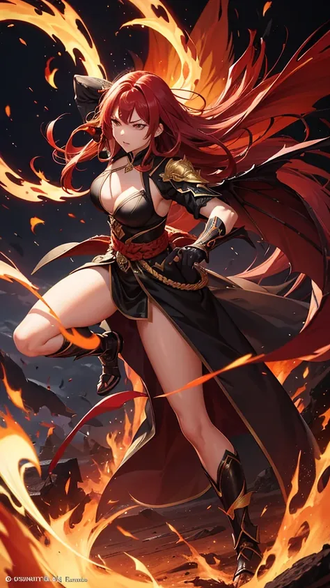 Shiota is a warrior with vibrant red hair.,flow like living fire around your head. She is in a firm and powerful posture, body slightly tilted forward, ready to deliver a deadly blow. His expression is determined and fierce, with an intense gaze that revea...