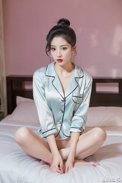 top Quority，Ultra-clear resolution,  ((Beautiful Chinese aunt).   Body.   Sexy.   Slim.   Thin.   Captivating.   Make-up face.   Ombre lipstick.   Messy Bun.   (Earrings-Earrings).

((Micro panties)),   ((breasted button-up. pajama sleep shirt)),    long l...