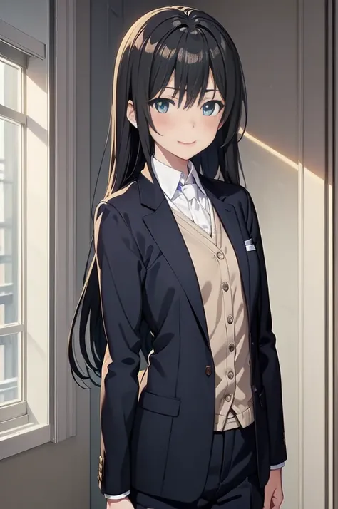 anime girl in suit and tie standing in front of the window, anime moe artstyle, nagatoru, smooth anime cg art, beautiful girl in...