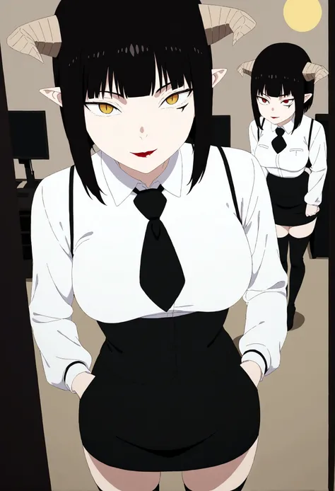 ,hands in pocket,work of art, tight white secretary shirt with black tie, black high waist skirt, short skirt,stocking, black hair, black tightscary sun,office,bangs on the eyes,lighting,horn of hair,view from above,evil smile,linda,staring overhead
