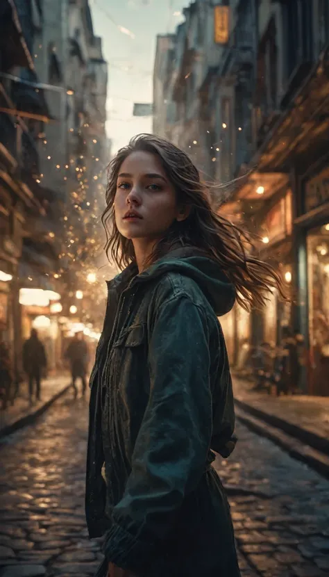 close mid-shot, ultra detailed visually rich illustration of (((a girl in motion))), luminous and enchanting, dark and eerie, lit dark fantasy realm, (rule of thirds) depth of field intricate details, subtle colors, modern streets, extremely detailed, ultr...