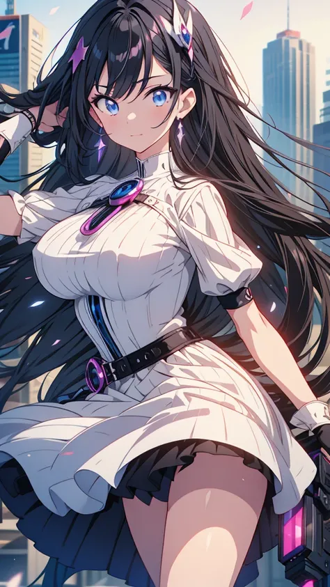 best quality, extremely detailed, anime style adult 1girl, long hair down to the waist, straight hair, ((dark black hair with bluish)),crown braid,beautiful detailed eyes, pinched eyes, dark blue eyes, huge breasts,curvy,(((white main black cyberpunk and m...