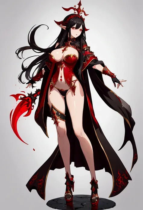 ((best quality)), ((masterpiece)), (detailed), 1girl, full body, long black hair, full body, skimpy red mage clothes, big d-cup breasts, round hips, white skin, blank gray background, mage attack pose