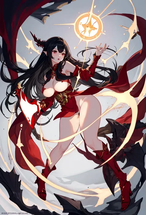 ((best quality)), ((masterpiece)), (detailed), 1girl, full body, long black hair, full body, skimpy red mage clothes, big d-cup breasts, round hips, white skin, blank gray background, mage attack pose