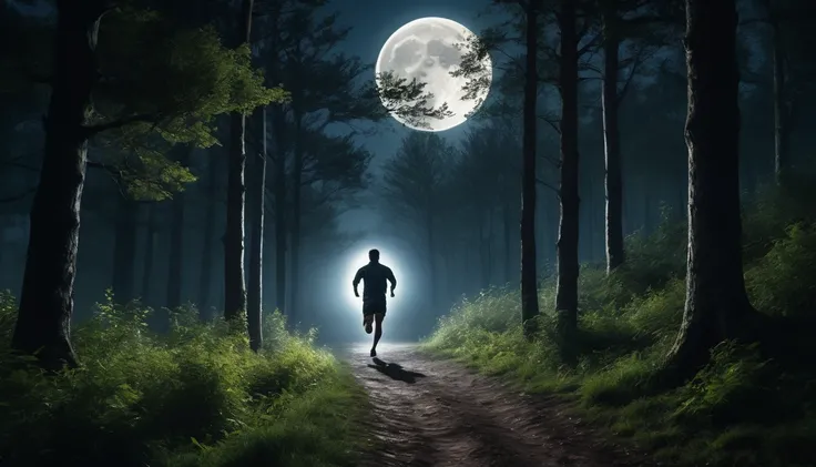 An image The full moon shone between the treetops, casting sinister shadows across the path. Image of a person running alone,and a man in the form of a werewolf behind, only the sounds of nature accompanied me. , PICTURE REALISTIC, high resolution, 8K 