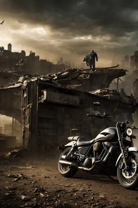 batman wearing leather jacket riding motorcycle on post-apocalyptic dirt road in gotham city,digital art,dark atmosphere,earthy tones,dynamic composition,realistic details,highly detailed,8k,cinematic lighting,dramatic shadows,gritty and grounded,cyberpunk...