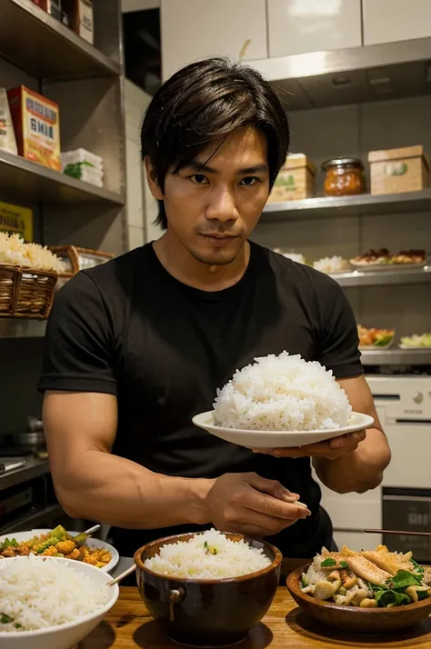 photorealistic,man,Thai person,30 years old,handsome,cool,Sit down and eat.,steamed rice topped with chicken,at the shop,Put on the table,Looks delicious,Very delicious,Have lunch,realistically,sharp.