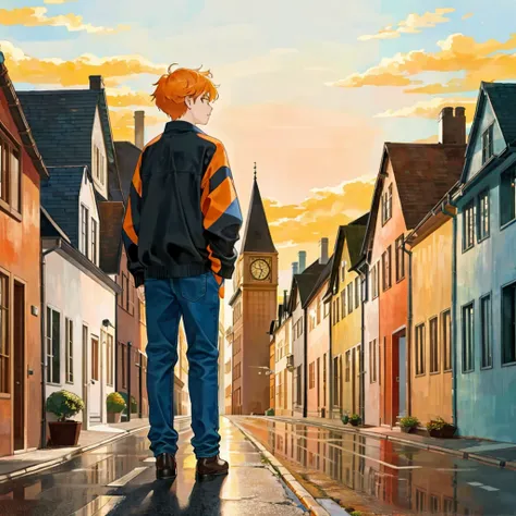 Background: A street with houses, reflecting an urban setting.

I want it as a separator in the book, I dont want a person, just the background... and that one of the primary colors is orange 