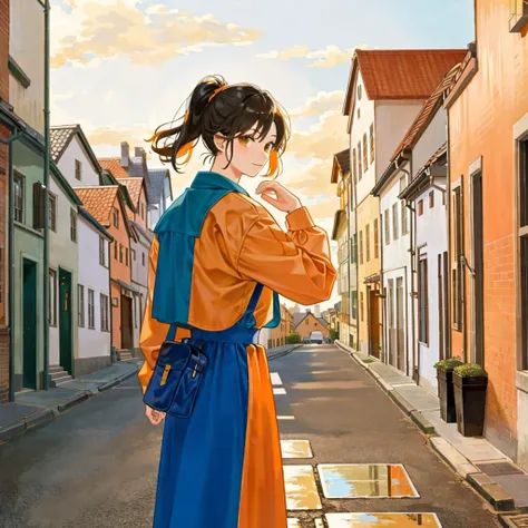 Background: A street with houses, reflecting an urban setting.

I want it as a separator in the book, I dont want a person, just the background... and that one of the primary colors is orange 