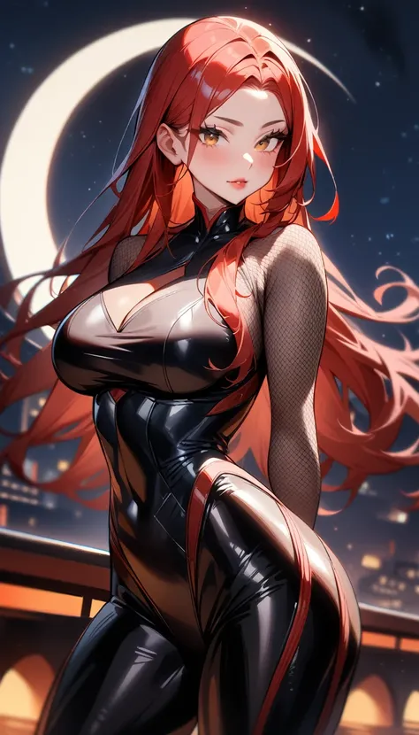 1girl,solo,super detailed skin,shiny skin,natural face, ,eyelashes,lips gloss,red hair,long hair,parted bangs ,forehead,large breasts ,ninja style ,body suit,fishnet arms,arms behind back,,contrapposto,night bridge,large moon,masterpiece,best quality,ultra...