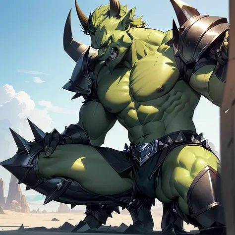 (absurdres, best high quality image, carefuly detailed features and textures, very detailed image, solo character alone, full character body and design): {{(1character: mature male adult green orc), (green green skin, black short beard, short spiky black h...