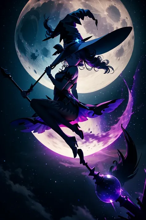 silhouette of a witch riding on her broom into the night sky with full moon, c4d, dreamy and optimistic, vibrant sky