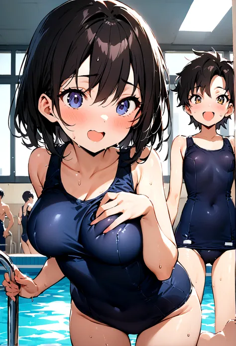 Highest quality,masterpiece,Black Hair,Classmate,School swimming pool,Teasing and teasing the boys,Friendly,Old school swimsuit,Accentuate your breasts,14 years old