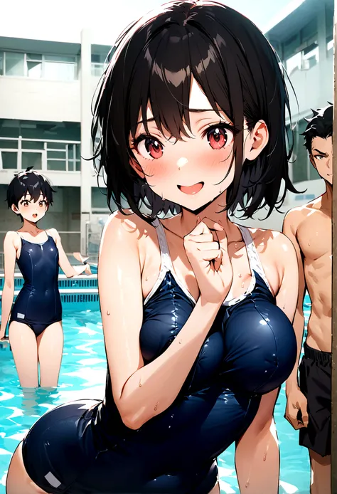 Highest quality,masterpiece,Black Hair,Classmate,School swimming pool,Teasing and teasing the boys,Friendly,Old school swimsuit,Accentuate your breasts,14 years old