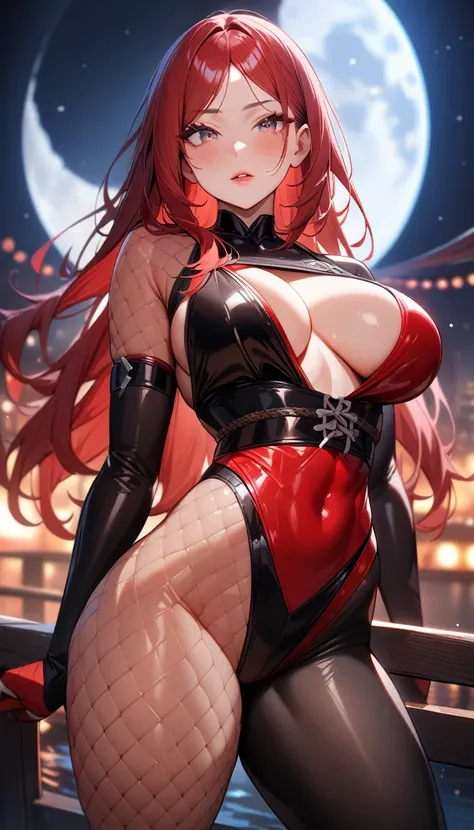 1girl,solo,super detailed skin,shiny skin,natural face, ,eyelashes,lips gloss,red hair,long hair,parted bangs ,large breasts ,ninja style ,asymmetrical body suit,fishnet,contrapposto,night bridge,large moon,masterpiece,best quality,ultra detailed,high reso...