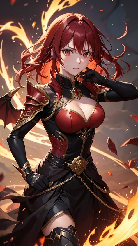 Shiota is a warrior with vibrant red hair.,flow like living fire around your head. She is in a firm and powerful posture, body slightly tilted forward, ready to deliver a deadly blow. His expression is determined and fierce, with an intense gaze that revea...