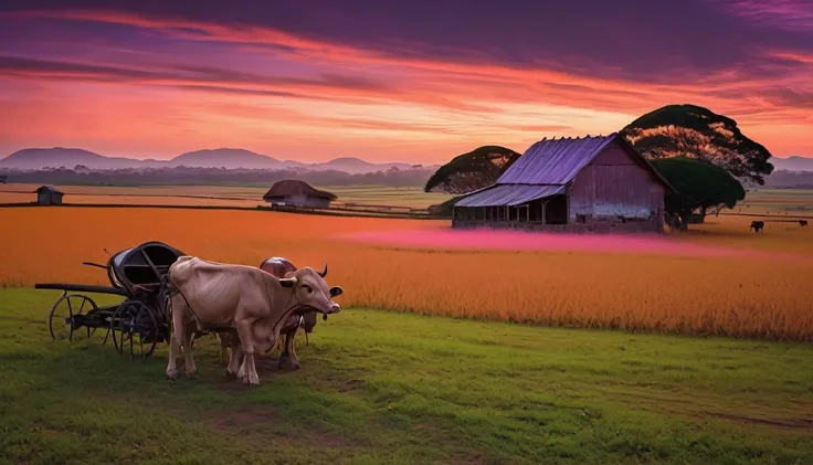 A beautiful Brazilian farm at sunset, with vibrant and soft colors reminiscent of Star Wars: The Force Awakens poster. The sky painted in hues of orange, pink, and purple, casting a warm glow over the vast farmland. The silhouette of a traditional farmhous...