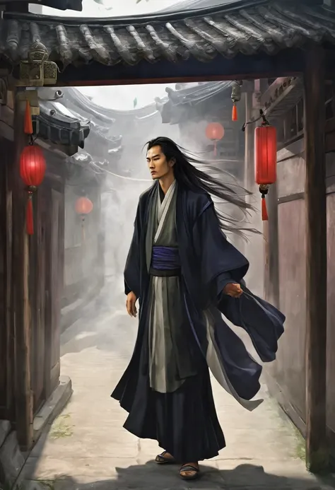 Taoist priest，fortune teller，Simple alley，poetry，Melancholy，Ultra-high resolution，Man with long hair，Young man，Standing man，Long hair blown by the wind