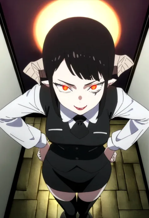 ,hands in pocket,work of art, tight white secretary shirt with black tie, black high waist skirt, short skirt,stocking, black hair, black tightscary sun,office,bangs on the eyes,lighting,horn of hair,view from above,evil smile,linda,staring overhead
