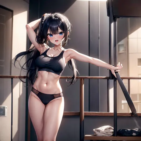 ((Highest quality)), ((masterpiece)), (detailed), an anime woman in a pose in underwear and bra with long hair, 1girl, breasts, split, navel, long hair, side ponytail, black hair, sports bra, 独奏, blue eyes, bangs, looking at viewer, underwear, smile, open ...