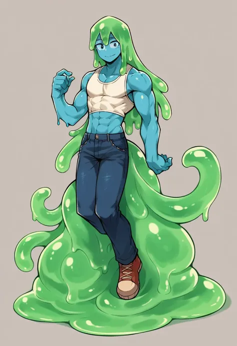 score_9, score_8_up, score_7_up, score_6_up, score_5_up, score_4_up, source_anime, 1Boy, slime Boy, Blue skin, Soft fashion, Long hair with green tips, tentacles, slime tentacles, slime boy, solo, slimegirlsfw, slime boy, crop top, jeans, slimeboy, my hero...