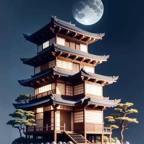 dark blue background, japanese pagoda; japanese landscape ; japanese architecture ; japanese garden ;full moon; nighttime; japan...