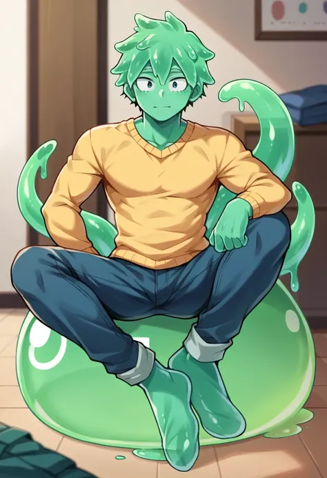 score_9, score_8_up, score_7_up, score_6_up, score_5_up, score_4_up, source_anime, 1Boy, slime Boy, Blue skin, Soft fashion, wolf cut slime hair with green tips, tentacles, slime tentacles, slime boy, solo, slimegirlsfw, slime boy, sweater, jeans, slimeboy...