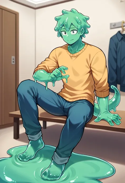 score_9, score_8_up, score_7_up, score_6_up, score_5_up, score_4_up, source_anime, 1Boy, slime Boy, Blue skin, Soft fashion, wolf cut slime hair with green tips, tentacles, slime tentacles, slime boy, solo, slimegirlsfw, slime boy, sweater, jeans, slimeboy...