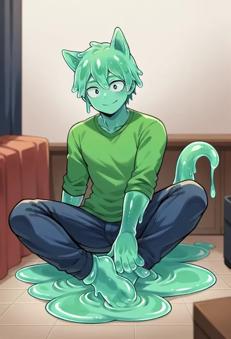 score_9, score_8_up, score_7_up, score_6_up, score_5_up, score_4_up, source_anime, 1Boy, slime Boy, Blue slime skin, Soft fashion, wolf cut slime hair with green tips, tentacles, slime tentacles, slime boy, solo, slimegirlsfw, slime boy, sweater, jeans, sl...