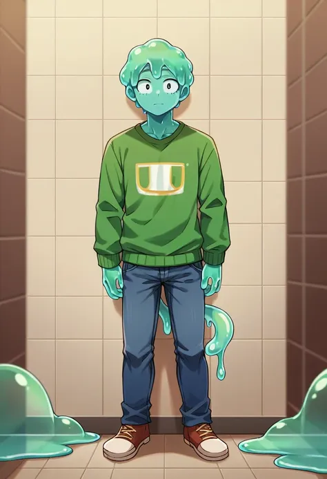 score_9, score_8_up, score_7_up, score_6_up, score_5_up, score_4_up, source_anime, 1Boy, slime Boy, Blue skin, Soft fashion, short slime hair with green tips, ringlets, tentacles, slime tentacles, slime boy, solo, slimegirlsfw, slime boy, sweater, jeans, s...