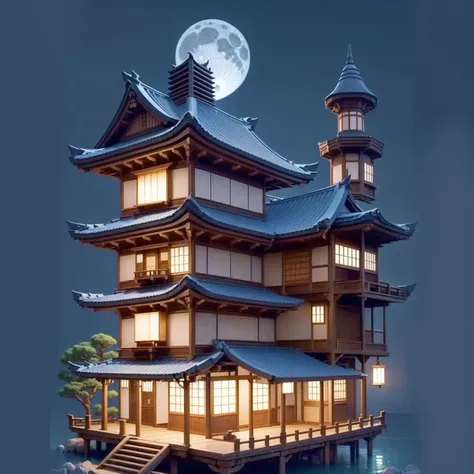 dark blue background, japanese pagoda; japanese landscape ; japanese architecture ; japanese garden ;full moon; nighttime; japan...